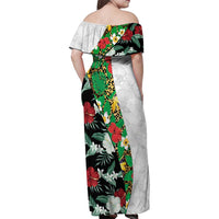 Hawaiian Tropical Flowers and Leaves Family Matching Off Shoulder Maxi Dress and Hawaiian Shirt on Leopard Pattern Half Style White-Black Version - Polynesian Pride