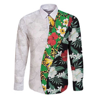 Hawaiian Tropical Flowers and Leaves Family Matching Summer Maxi Dress and Hawaiian Shirt on Leopard Pattern Half Style White-Black Version - Polynesian Pride