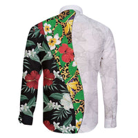 Hawaiian Tropical Flowers and Leaves Family Matching Summer Maxi Dress and Hawaiian Shirt on Leopard Pattern Half Style White-Black Version - Polynesian Pride
