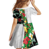 Hawaiian Tropical Flowers and Leaves Kid Short Sleeve Dress on Leopard Pattern Half Style White-Black Version - Polynesian Pride