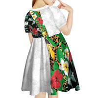Hawaiian Tropical Flowers and Leaves Kid Short Sleeve Dress on Leopard Pattern Half Style White-Black Version - Polynesian Pride