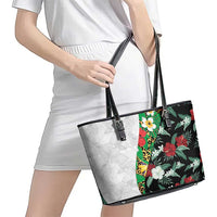 Hawaiian Tropical Flowers and Leaves Leather Tote Bag on Leopard Pattern Half Style White-Black Version - Polynesian Pride