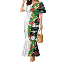 Hawaiian Tropical Flowers and Leaves Mermaid Dress on Leopard Pattern Half Style White-Black Version - Polynesian Pride