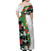 Hawaiian Tropical Flowers and Leaves Off Shoulder Maxi Dress on Leopard Pattern Half Style White-Black Version - Polynesian Pride