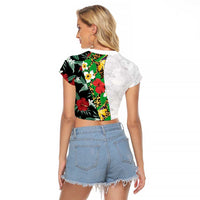 Hawaiian Tropical Flowers and Leaves Raglan Cropped T Shirt on Leopard Pattern Half Style White-Black Version - Polynesian Pride
