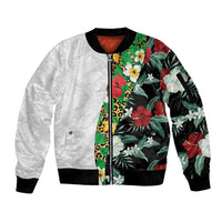 Hawaiian Tropical Flowers and Leaves Sleeve Zip Bomber Jacket on Leopard Pattern Half Style White-Black Version - Polynesian Pride