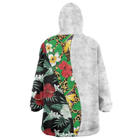 Hawaiian Tropical Flowers and Leaves Wearable Blanket Hoodie on Leopard Pattern Half Style White-Black Version - Polynesian Pride