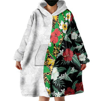 Hawaiian Tropical Flowers and Leaves Wearable Blanket Hoodie on Leopard Pattern Half Style White-Black Version - Polynesian Pride