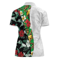 Hawaiian Tropical Flowers and Leaves Women Polo Shirt on Leopard Pattern Half Style White-Black Version - Polynesian Pride