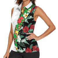 Hawaiian Tropical Flowers and Leaves Women Sleeveless Polo Shirt on Leopard Pattern Half Style White-Black Version - Polynesian Pride