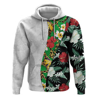 Hawaiian Tropical Flowers and Leaves Zip Hoodie on Leopard Pattern Half Style White-Black Version LT03 Pullover Hoodie White - Polynesian Pride