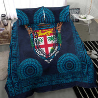 Fiji Coat of Arms Traditional Dashiki Bedding Set Tapa Art and Palm Leaves Pattern Dark Navy Color - Polynesian Pride