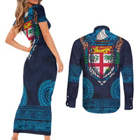 Fiji Coat of Arms Traditional Dashiki Couples Matching Short Sleeve Bodycon Dress and Long Sleeve Button Shirt Tapa Art and Palm Leaves Pattern Dark Navy Color - Polynesian Pride