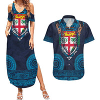 Fiji Coat of Arms Traditional Dashiki Couples Matching Summer Maxi Dress and Hawaiian Shirt Tapa Art and Palm Leaves Pattern Dark Navy Color - Polynesian Pride