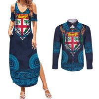 Fiji Coat of Arms Traditional Dashiki Couples Matching Summer Maxi Dress and Long Sleeve Button Shirt Tapa Art and Palm Leaves Pattern Dark Navy Color - Polynesian Pride