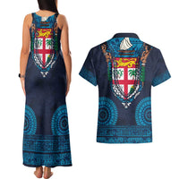 Fiji Coat of Arms Traditional Dashiki Couples Matching Tank Maxi Dress and Hawaiian Shirt Tapa Art and Palm Leaves Pattern Dark Navy Color - Polynesian Pride