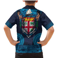 Fiji Coat of Arms Traditional Dashiki Family Matching Mermaid Dress and Hawaiian Shirt Tapa Art and Palm Leaves Pattern Dark Navy Color - Polynesian Pride