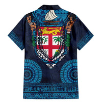 Fiji Coat of Arms Traditional Dashiki Family Matching Mermaid Dress and Hawaiian Shirt Tapa Art and Palm Leaves Pattern Dark Navy Color - Polynesian Pride
