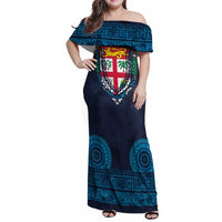 Fiji Coat of Arms Traditional Dashiki Family Matching Off Shoulder Maxi Dress and Hawaiian Shirt Tapa Art and Palm Leaves Pattern Dark Navy Color - Polynesian Pride