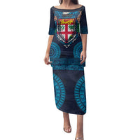 Fiji Coat of Arms Traditional Dashiki Family Matching Puletasi and Hawaiian Shirt Tapa Art and Palm Leaves Pattern Dark Navy Color - Polynesian Pride
