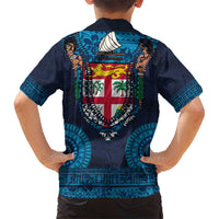 Fiji Coat of Arms Traditional Dashiki Family Matching Short Sleeve Bodycon Dress and Hawaiian Shirt Tapa Art and Palm Leaves Pattern Dark Navy Color - Polynesian Pride