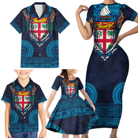 Fiji Coat of Arms Traditional Dashiki Family Matching Short Sleeve Bodycon Dress and Hawaiian Shirt Tapa Art and Palm Leaves Pattern Dark Navy Color - Polynesian Pride