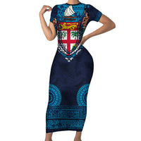 Fiji Coat of Arms Traditional Dashiki Family Matching Short Sleeve Bodycon Dress and Hawaiian Shirt Tapa Art and Palm Leaves Pattern Dark Navy Color - Polynesian Pride