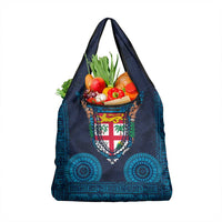 Fiji Coat of Arms Traditional Dashiki Grocery Bag Tapa Art and Palm Leaves Pattern Dark Navy Color LT03 1-pack One Size Navy - Polynesian Pride