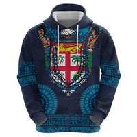 Fiji Coat of Arms Traditional Dashiki Hoodie Tapa Art and Palm Leaves Pattern Dark Navy Color - Polynesian Pride