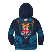 Fiji Coat of Arms Traditional Dashiki Kid Hoodie Tapa Art and Palm Leaves Pattern Dark Navy Color - Polynesian Pride