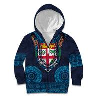 Fiji Coat of Arms Traditional Dashiki Kid Hoodie Tapa Art and Palm Leaves Pattern Dark Navy Color - Polynesian Pride