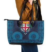 Fiji Coat of Arms Traditional Dashiki Leather Tote Bag Tapa Art and Palm Leaves Pattern Dark Navy Color - Polynesian Pride