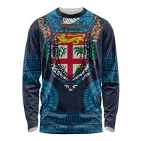 Fiji Coat of Arms Traditional Dashiki Long Sleeve Shirt Tapa Art and Palm Leaves Pattern Dark Navy Color - Polynesian Pride