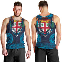 Fiji Coat of Arms Traditional Dashiki Men Tank Top Tapa Art and Palm Leaves Pattern Dark Navy Color - Polynesian Pride