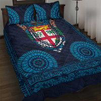 Fiji Coat of Arms Traditional Dashiki Quilt Bed Set Tapa Art and Palm Leaves Pattern Dark Navy Color - Polynesian Pride