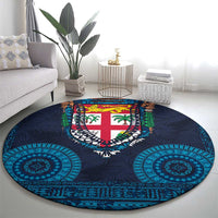 Fiji Coat of Arms Traditional Dashiki Round Carpet Tapa Art and Palm Leaves Pattern Dark Navy Color - Polynesian Pride