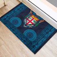 Fiji Coat of Arms Traditional Dashiki Rubber Doormat Tapa Art and Palm Leaves Pattern Dark Navy Color - Polynesian Pride