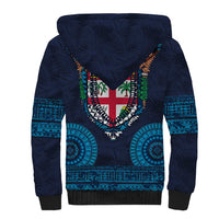 Fiji Coat of Arms Traditional Dashiki Sherpa Hoodie Tapa Art and Palm Leaves Pattern Dark Navy Color - Polynesian Pride