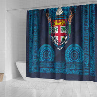 Fiji Coat of Arms Traditional Dashiki Shower Curtain Tapa Art and Palm Leaves Pattern Dark Navy Color - Polynesian Pride