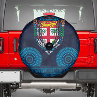 Fiji Coat of Arms Traditional Dashiki Spare Tire Cover Tapa Art and Palm Leaves Pattern Dark Navy Color LT03 - Polynesian Pride