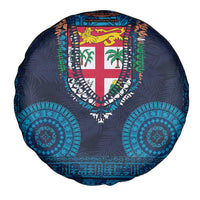 Fiji Coat of Arms Traditional Dashiki Spare Tire Cover Tapa Art and Palm Leaves Pattern Dark Navy Color LT03 - Polynesian Pride