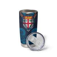 Fiji Coat of Arms Traditional Dashiki Tumbler Cup Tapa Art and Palm Leaves Pattern Dark Navy Color - Polynesian Pride