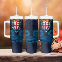 Fiji Coat of Arms Traditional Dashiki Tumbler With Handle Tapa Art and Palm Leaves Pattern Dark Navy Color LT03 - Polynesian Pride