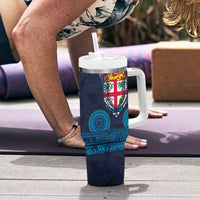 Fiji Coat of Arms Traditional Dashiki Tumbler With Handle Tapa Art and Palm Leaves Pattern Dark Navy Color LT03 - Polynesian Pride