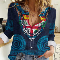 Fiji Coat of Arms Traditional Dashiki Women Casual Shirt Tapa Art and Palm Leaves Pattern Dark Navy Color - Polynesian Pride