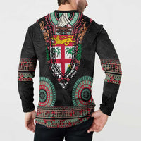 Fiji Coat of Arms Traditional Dashiki Button Sweatshirt Tapa Art and Palm Leaves Pattern Black Color - Polynesian Pride