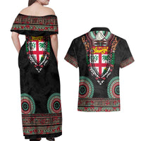 Fiji Coat of Arms Traditional Dashiki Couples Matching Off Shoulder Maxi Dress and Hawaiian Shirt Tapa Art and Palm Leaves Pattern Black Color - Polynesian Pride