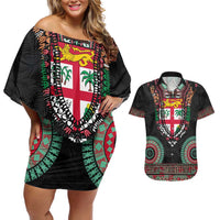Fiji Coat of Arms Traditional Dashiki Couples Matching Off Shoulder Short Dress and Hawaiian Shirt Tapa Art and Palm Leaves Pattern Black Color - Polynesian Pride