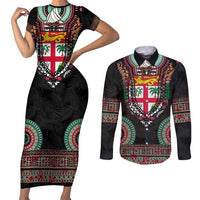 Fiji Coat of Arms Traditional Dashiki Couples Matching Short Sleeve Bodycon Dress and Long Sleeve Button Shirt Tapa Art and Palm Leaves Pattern Black Color - Polynesian Pride
