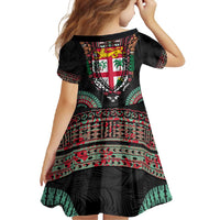 Fiji Coat of Arms Traditional Dashiki Family Matching Mermaid Dress and Hawaiian Shirt Tapa Art and Palm Leaves Pattern Black Color - Polynesian Pride